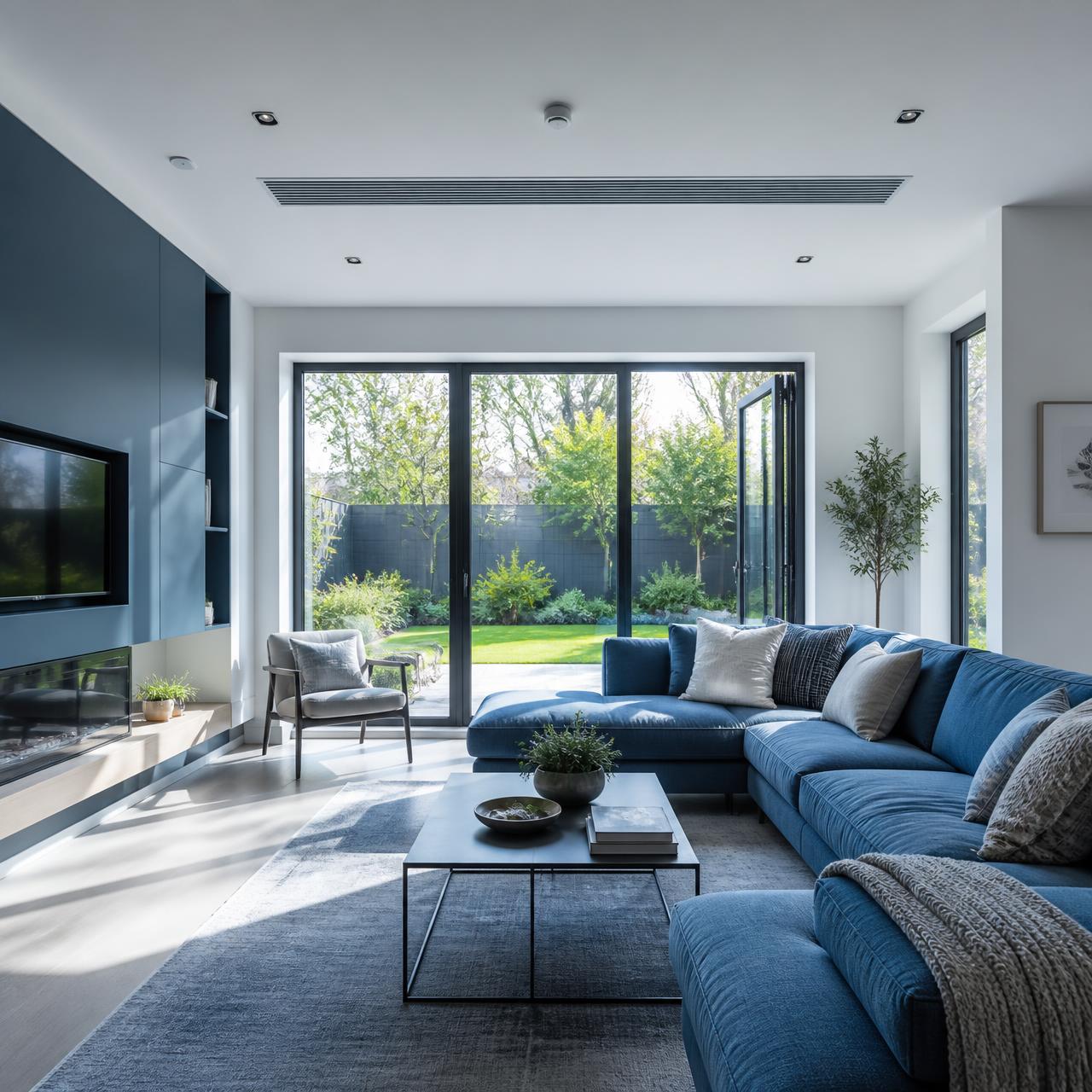 Bright modern living room with ceiling ventilation grille and fresh air flow